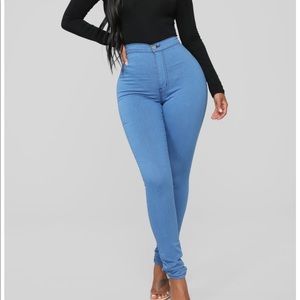 Super High Waist Denim Skinnies - Medium Blue